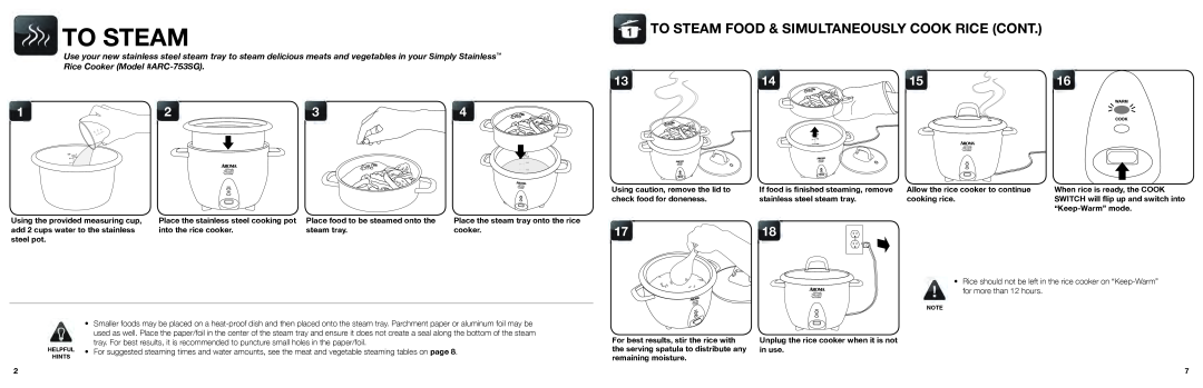Aroma RS-03 warranty To Steam Food & Simultaneously Cook Rice Cont 