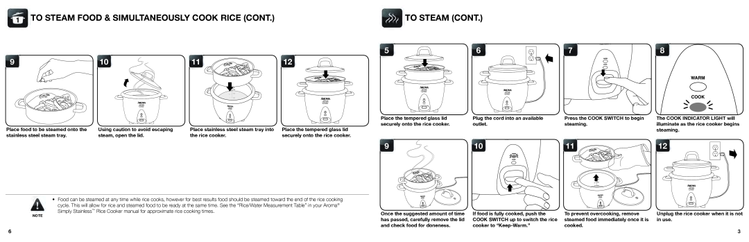 Aroma RS-03 warranty To Steam Food & Simultaneously Cook Rice Cont, To Steam Cont, 1112 