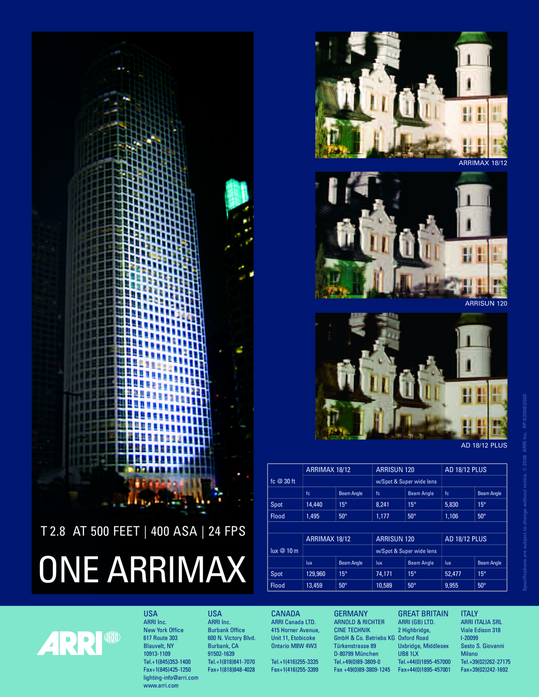 ARRI manual One Arrimax, T 2.8 AT 500 FEET 400 ASA 24 FPS, Canada, Germany, Great Britain, Italy, ARRIMAX 18/12, Arrisun 