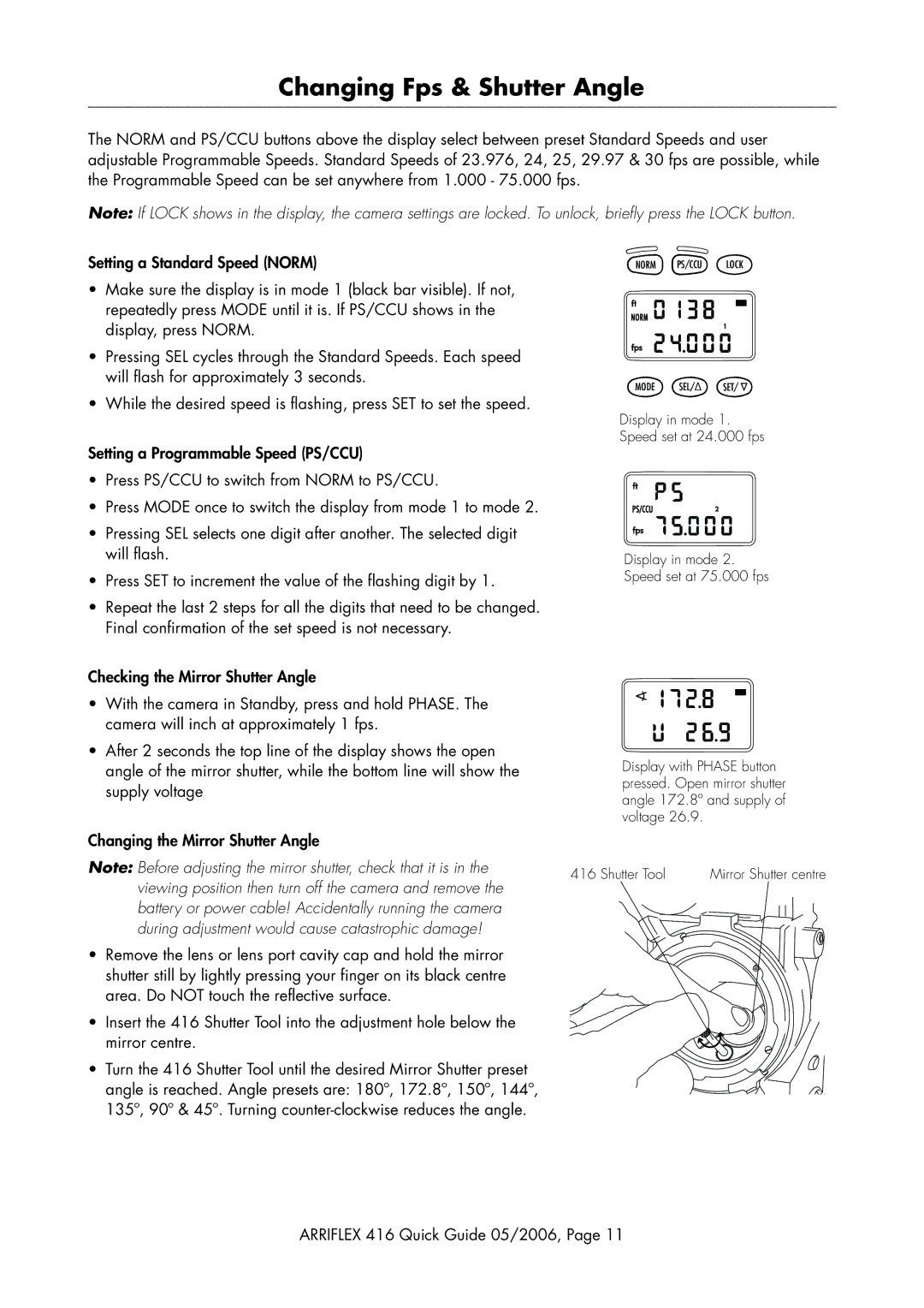 ARRI 416 manual Changing Fps & Shutter Angle 