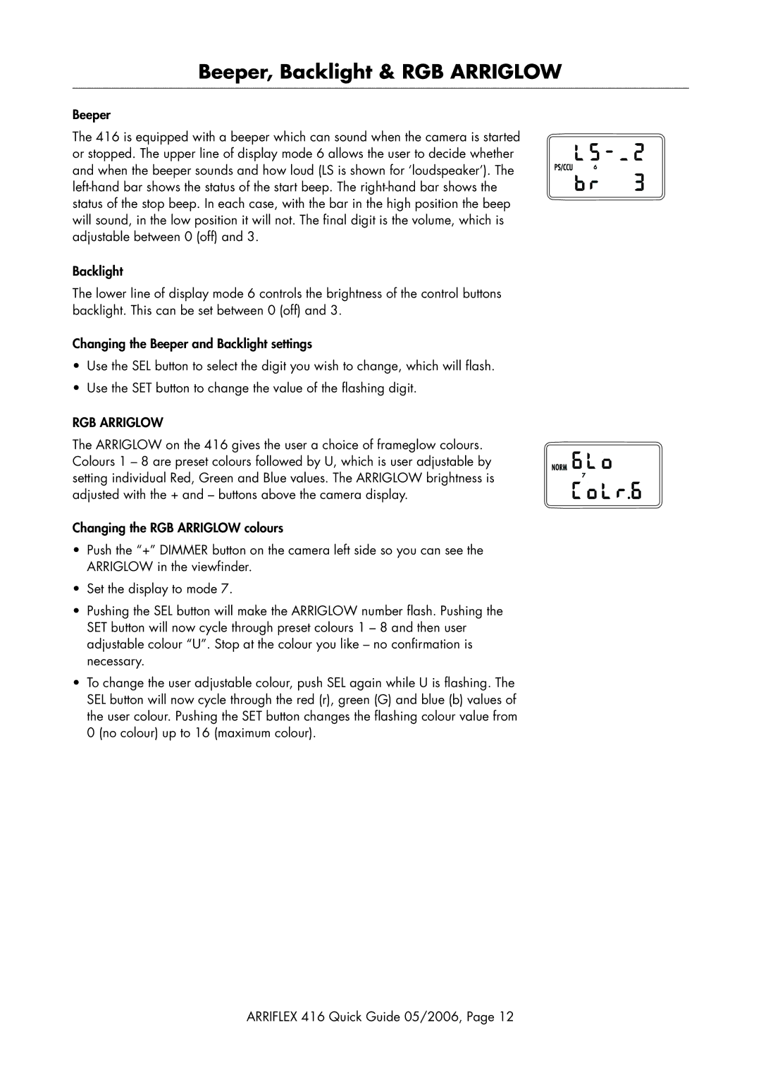 ARRI 416 manual Beeper, Backlight & RGB Arriglow 