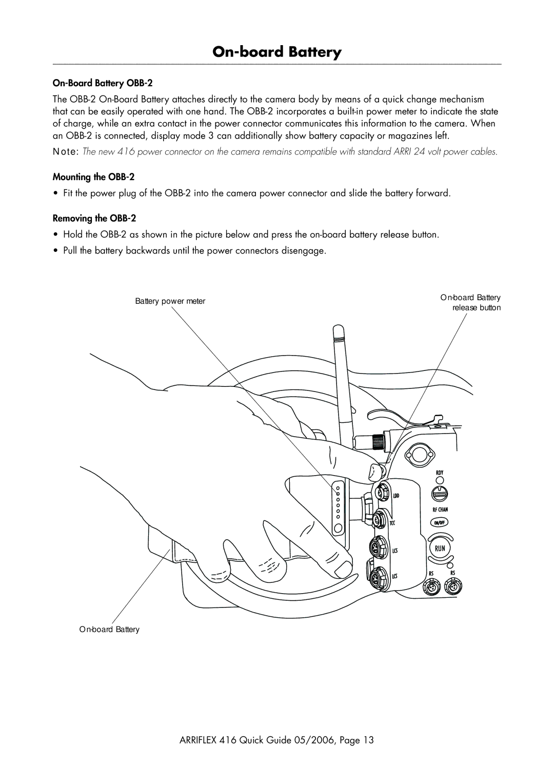 ARRI 416 manual On-board Battery 