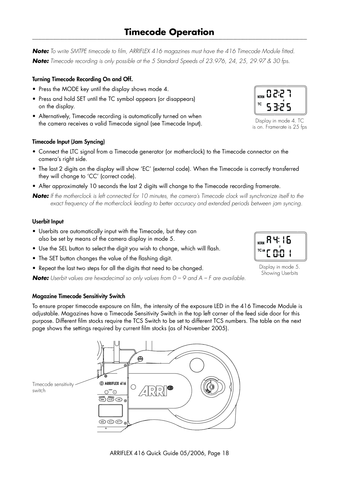 ARRI 416 manual Timecode Operation 