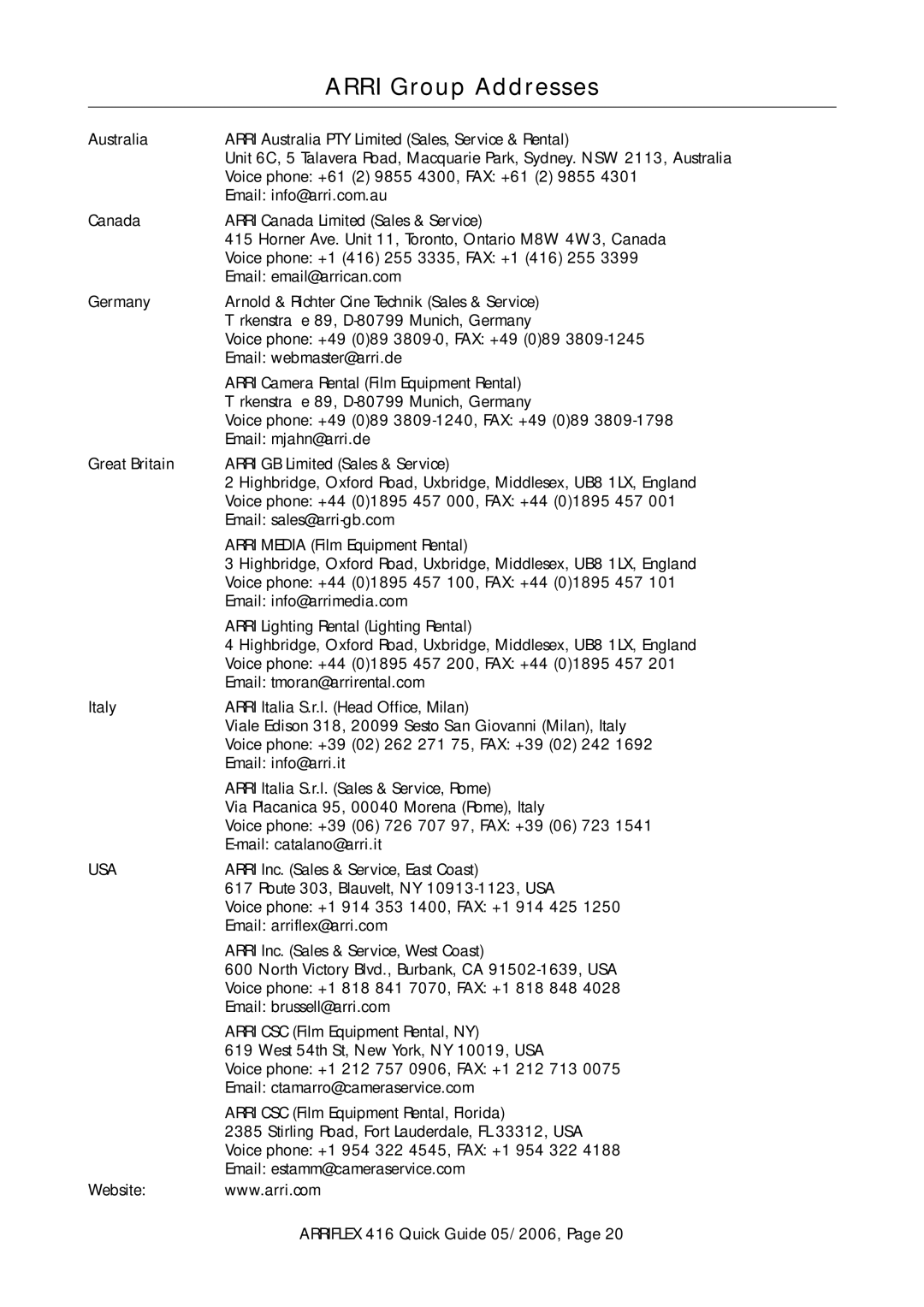 ARRI 416 manual Arri Group Addresses, Usa 