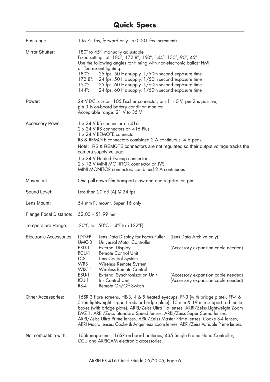 ARRI 416 manual Quick Specs 