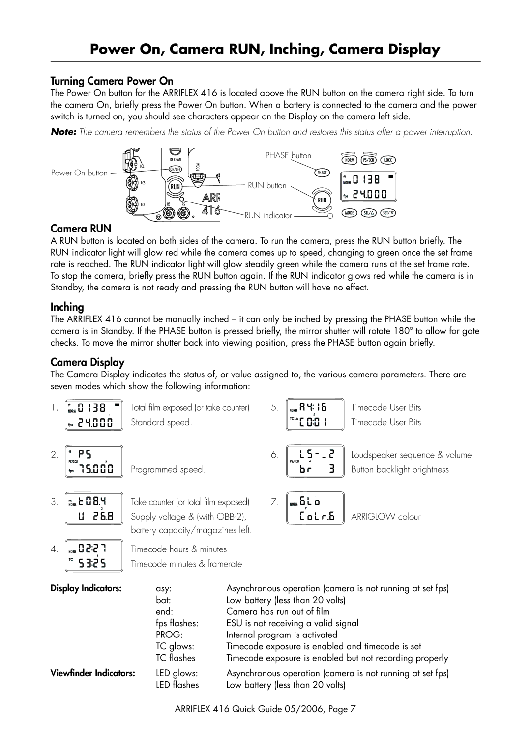 ARRI 416 manual Power On, Camera RUN, Inching, Camera Display, Prog 