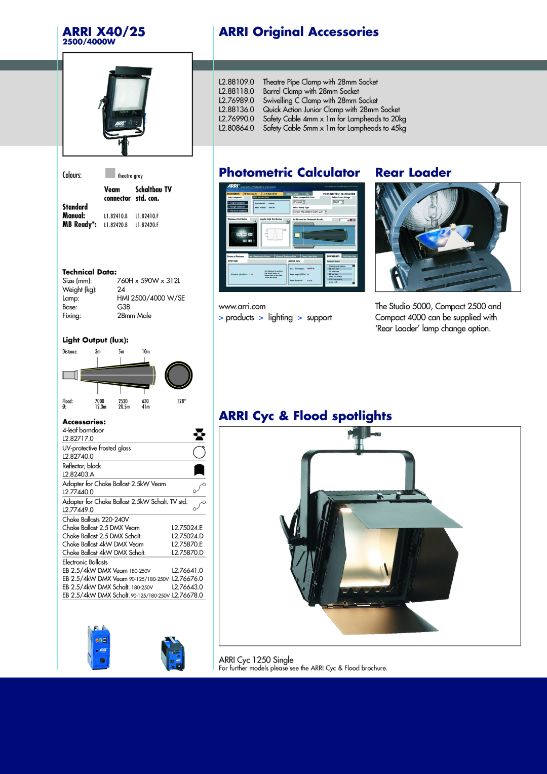 ARRI A4 manual Arri X40/25, Arri Original Accessories, Photometric Calculator Rear Loader, Arri Cyc & Flood spotlights 