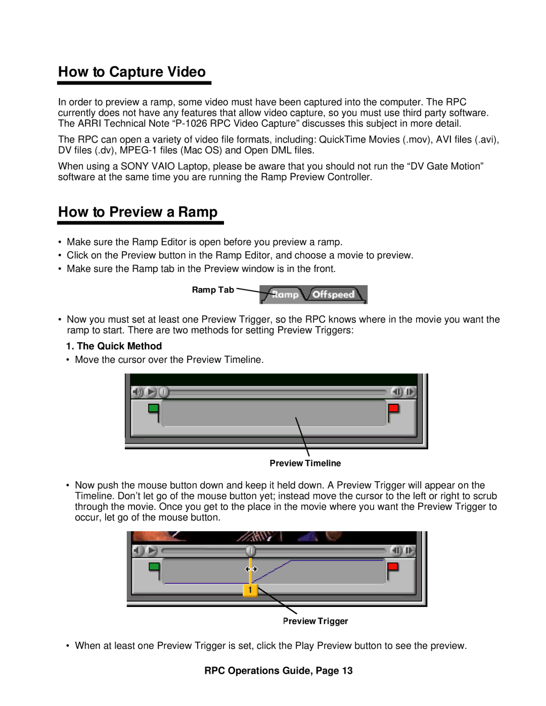 ARRI ARRI Ramp Preview Controller manual How to Capture Video, How to Preview a Ramp, Quick Method 