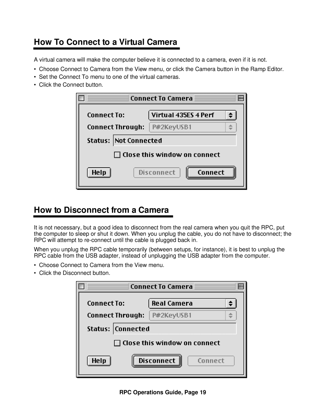 ARRI ARRI Ramp Preview Controller manual How To Connect to a Virtual Camera, How to Disconnect from a Camera 