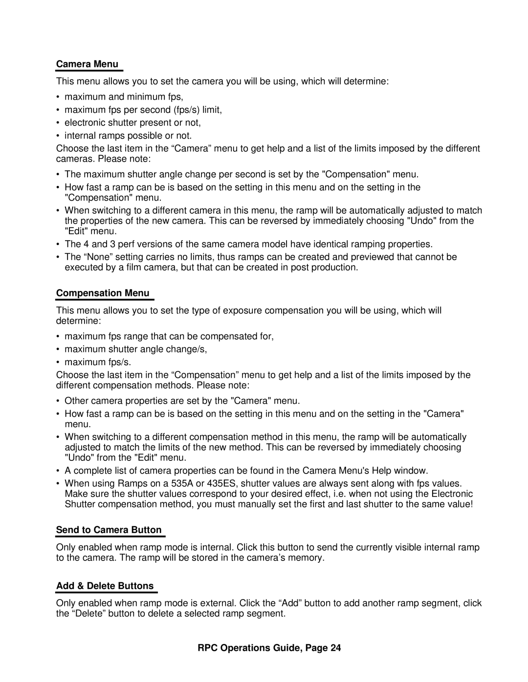 ARRI ARRI Ramp Preview Controller manual Camera Menu, Compensation Menu, Send to Camera Button, Add & Delete Buttons 