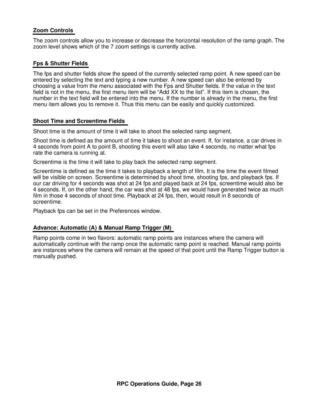 ARRI ARRI Ramp Preview Controller manual Zoom Controls, Fps & Shutter Fields, Shoot Time and Screentime Fields 