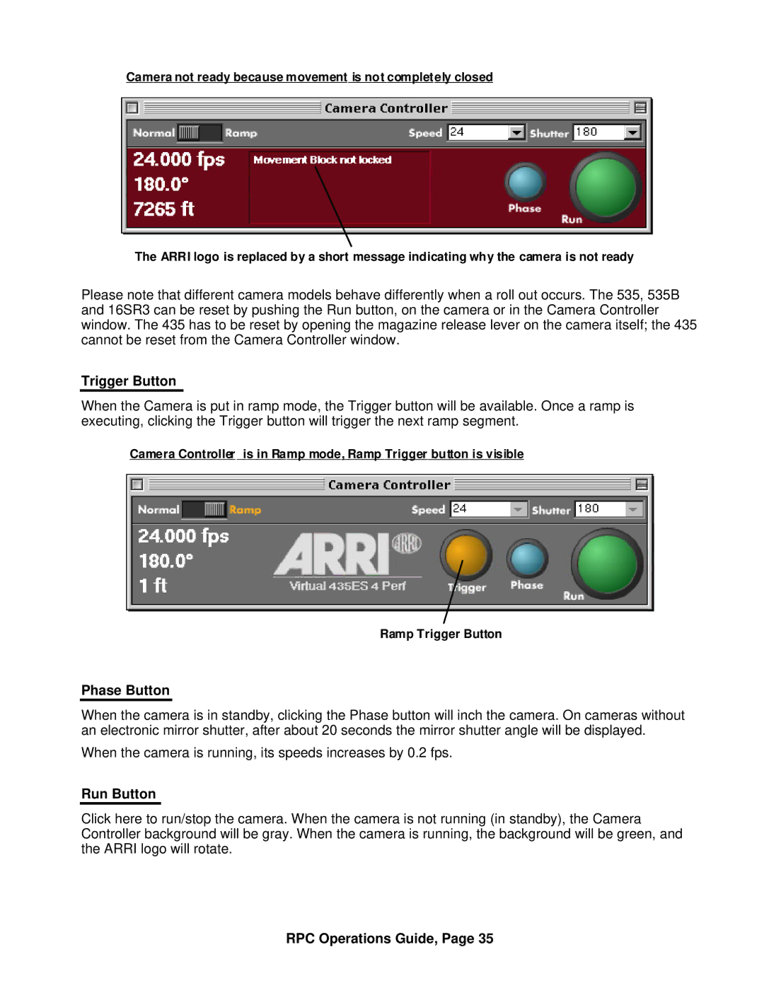 ARRI ARRI Ramp Preview Controller manual Trigger Button, Phase Button, Run Button 