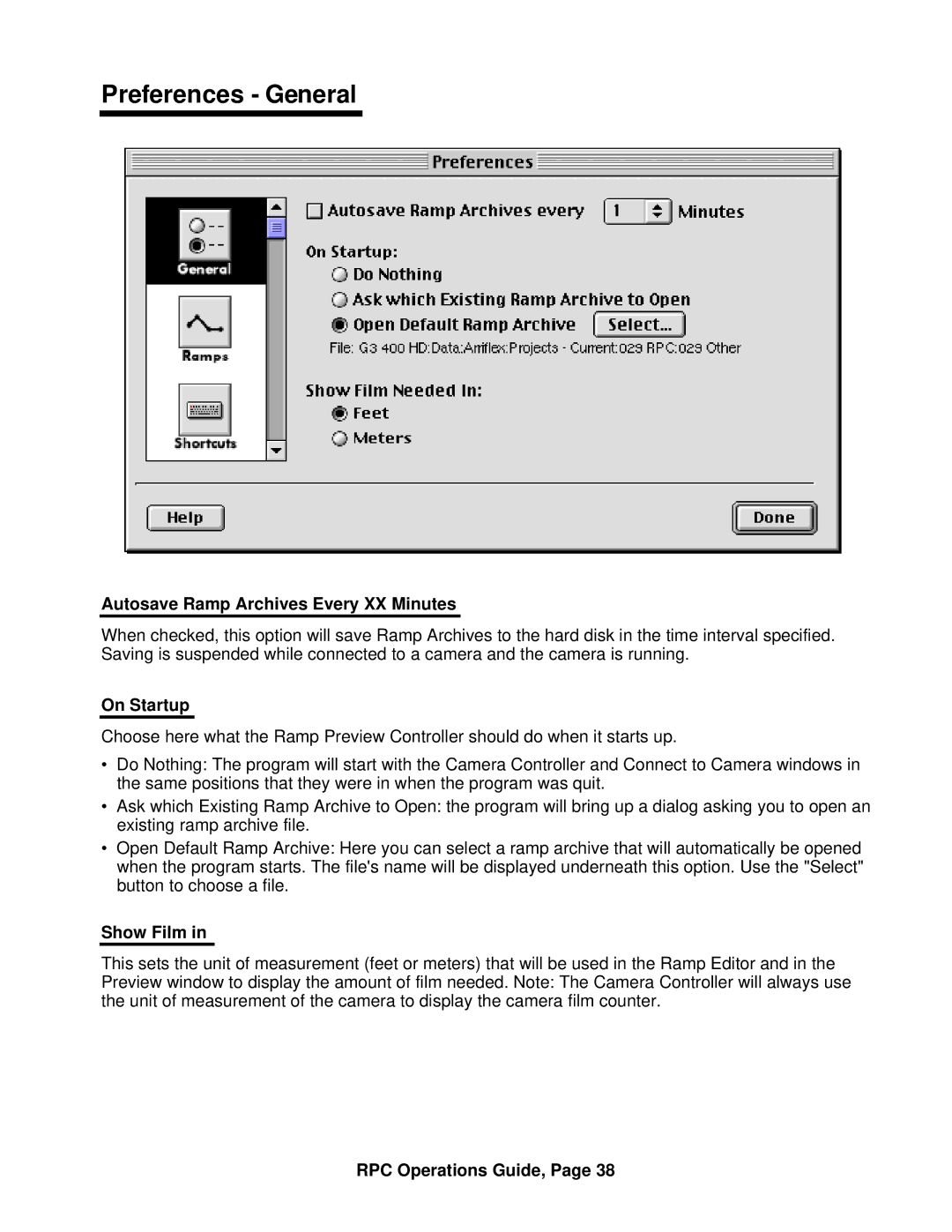 ARRI ARRI Ramp Preview Controller Preferences General, Autosave Ramp Archives Every XX Minutes, On Startup, Show Film 