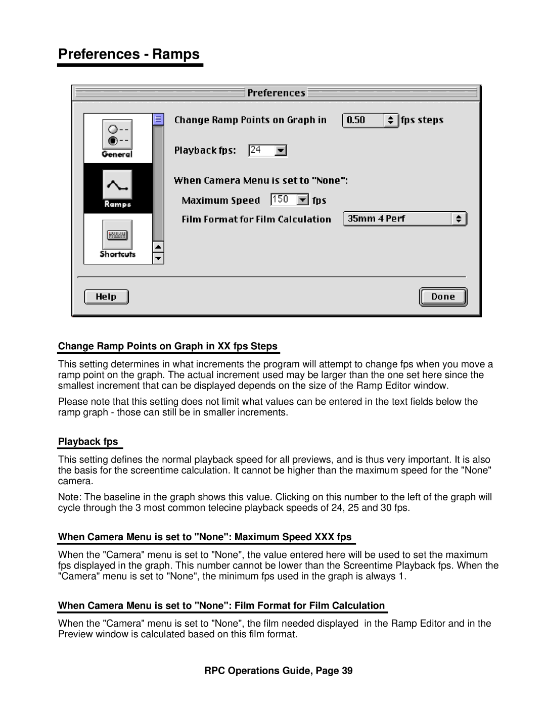 ARRI ARRI Ramp Preview Controller manual Preferences Ramps, Change Ramp Points on Graph in XX fps Steps, Playback fps 