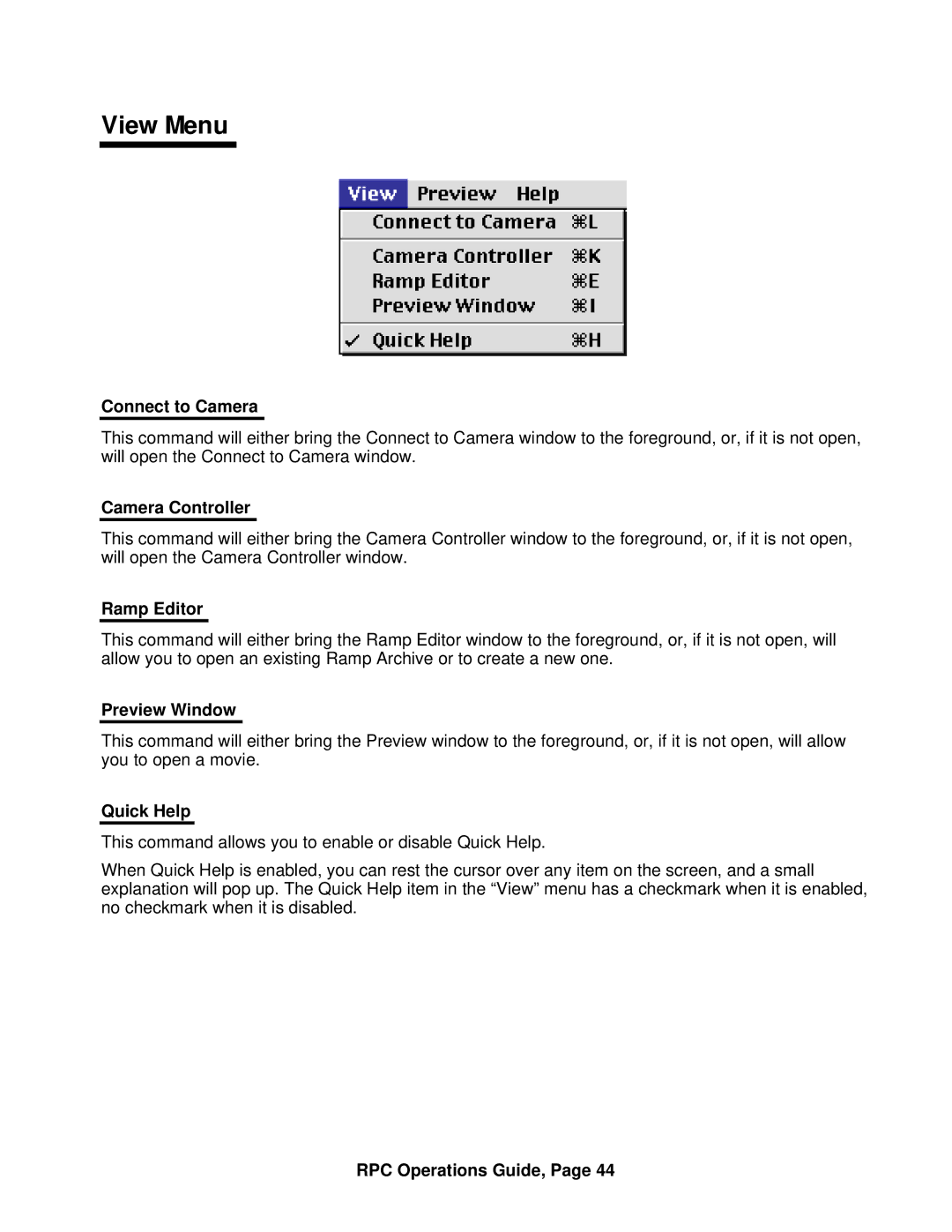 ARRI ARRI Ramp Preview Controller manual View Menu, Connect to Camera, Camera Controller, Quick Help 