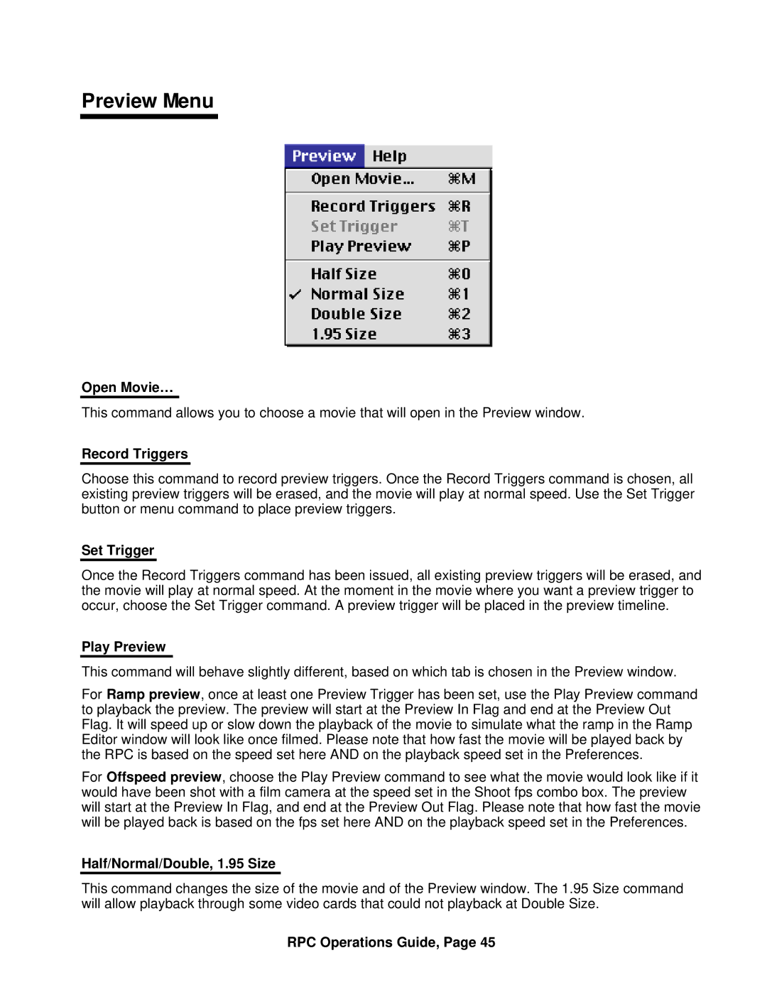 ARRI ARRI Ramp Preview Controller Preview Menu, Open Movie…, Record Triggers, Set Trigger, Half/Normal/Double, 1.95 Size 