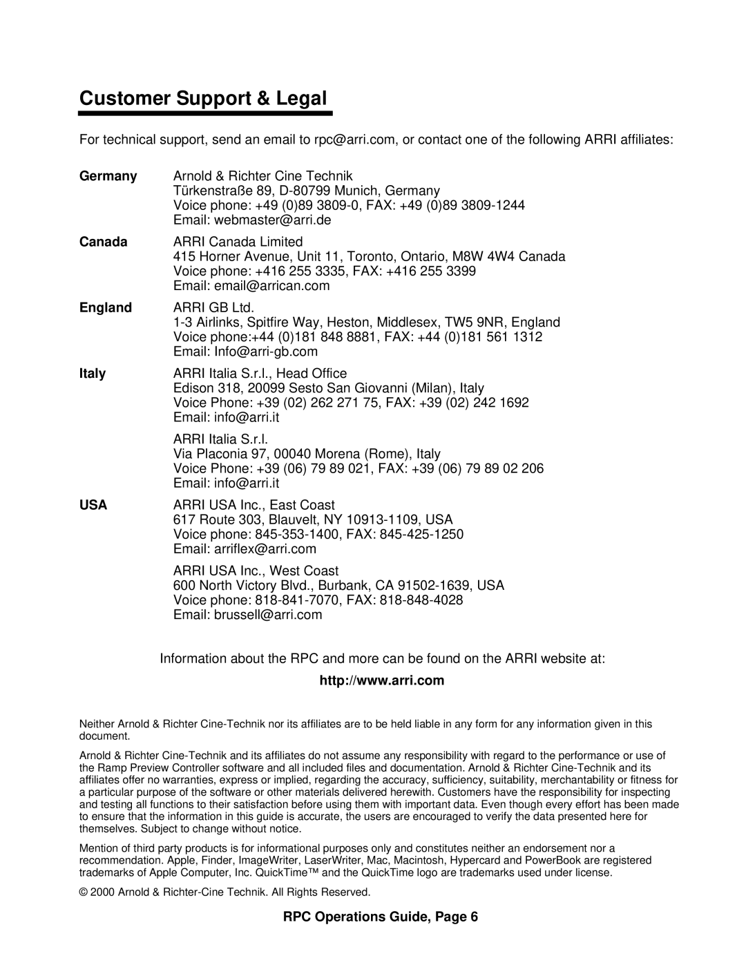 ARRI ARRI Ramp Preview Controller manual Customer Support & Legal, Germany, Canada, England, Italy 