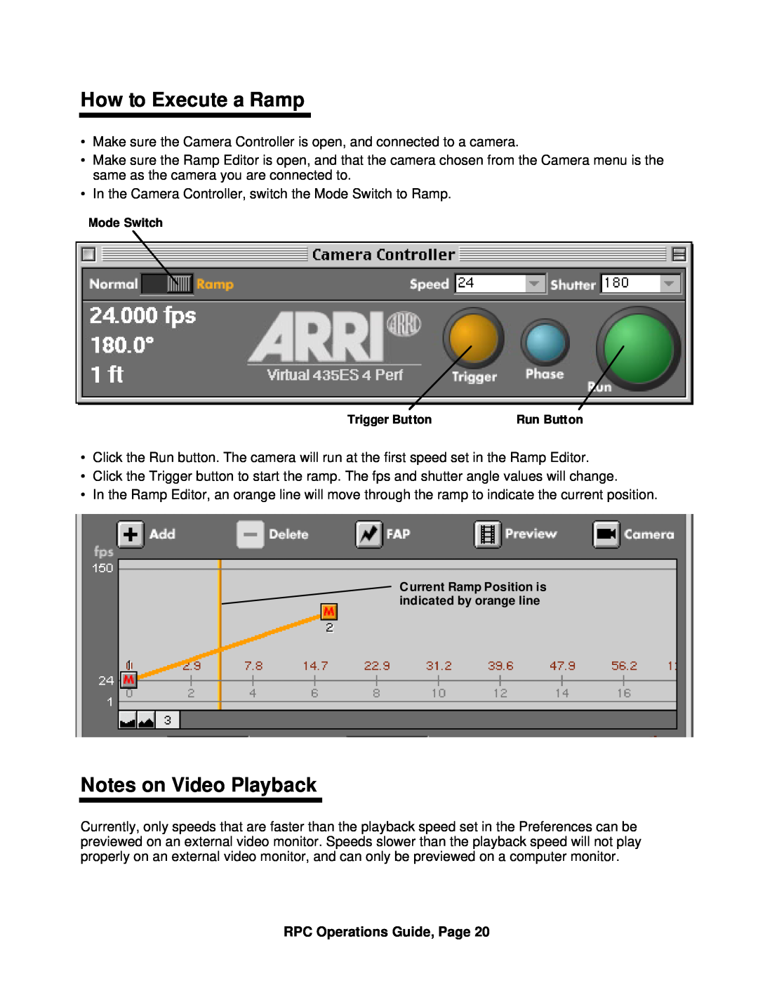ARRI ARRI Ramp Preview Controller How to Execute a Ramp, Notes on Video Playback, RPC Operations Guide, Page, Mode Switch 
