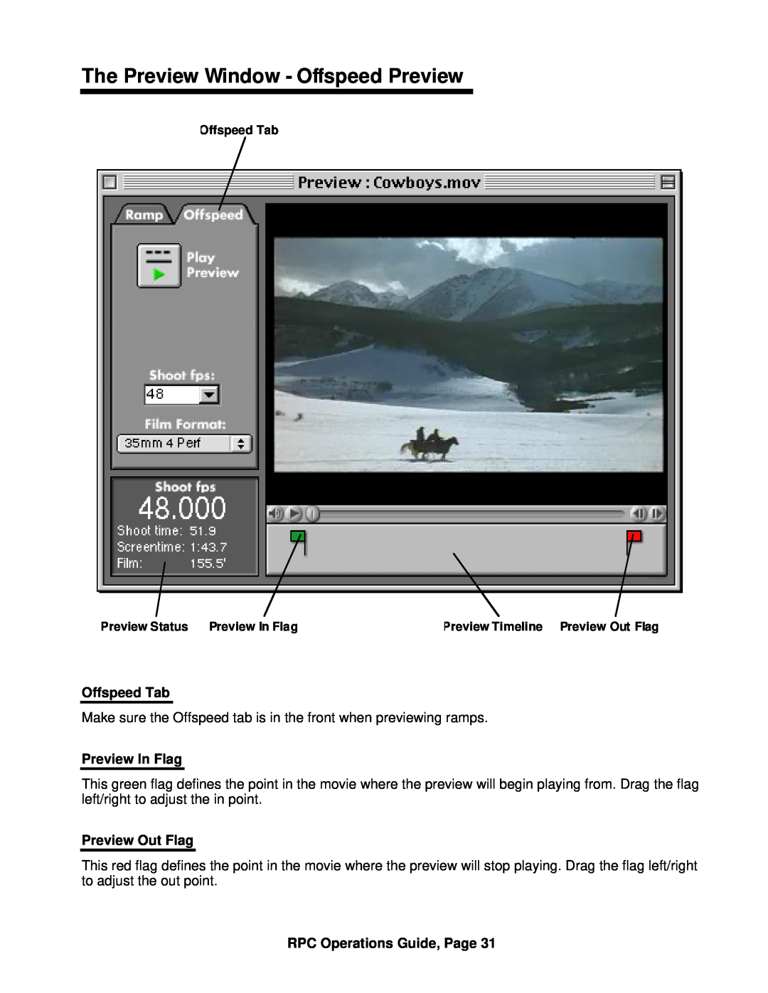 ARRI ARRI Ramp Preview Controller The Preview Window - Offspeed Preview, Offspeed Tab, Preview In Flag, Preview Out Flag 