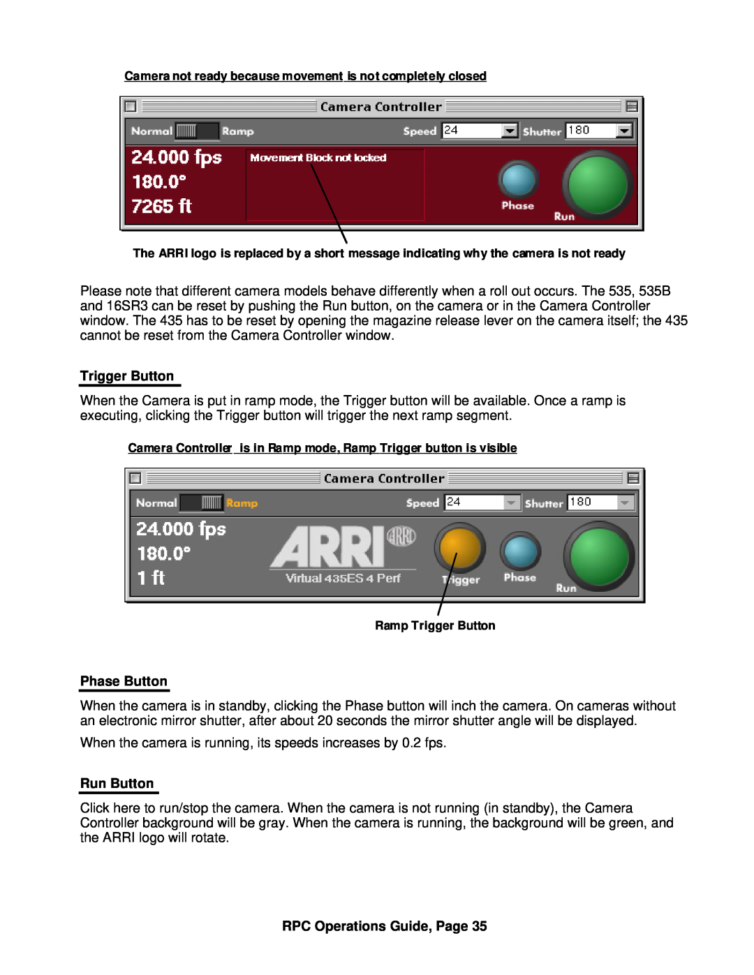 ARRI ARRI Ramp Preview Controller manual Trigger Button, Phase Button, Run Button, RPC Operations Guide, Page 
