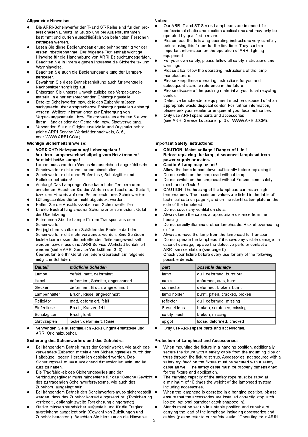 ARRI ARRI ST 5, ARRI ST 1, ARRI ST 2, ARRI T 2, ARRI T 1 Allgemeine Hinweise, Sicherung des Scheinwerfers und des Zubehörs 