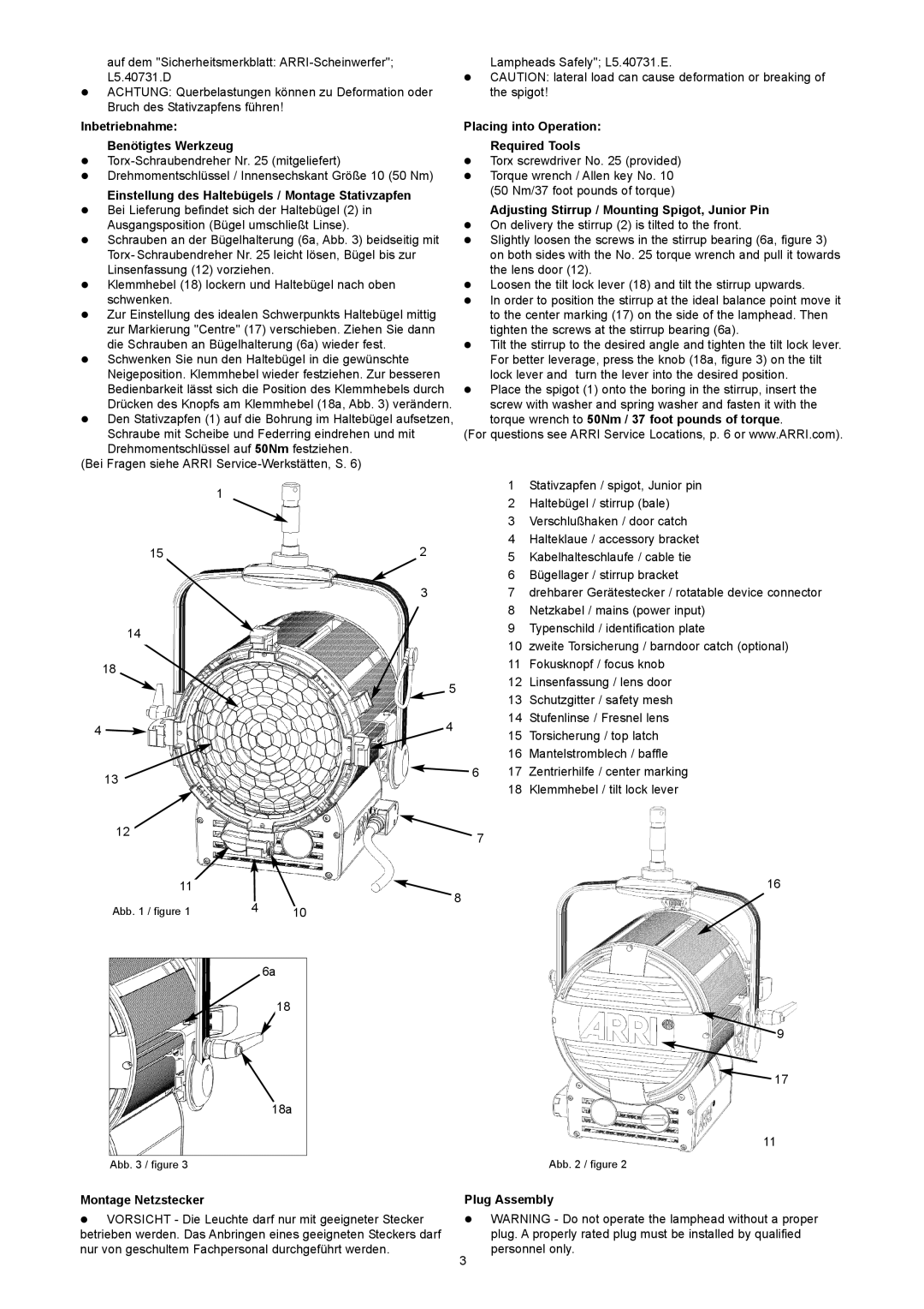 ARRI ARRI T 2 Inbetriebnahme Benötigtes Werkzeug, Einstellung des Haltebügels / Montage Stativzapfen, Montage Netzstecker 