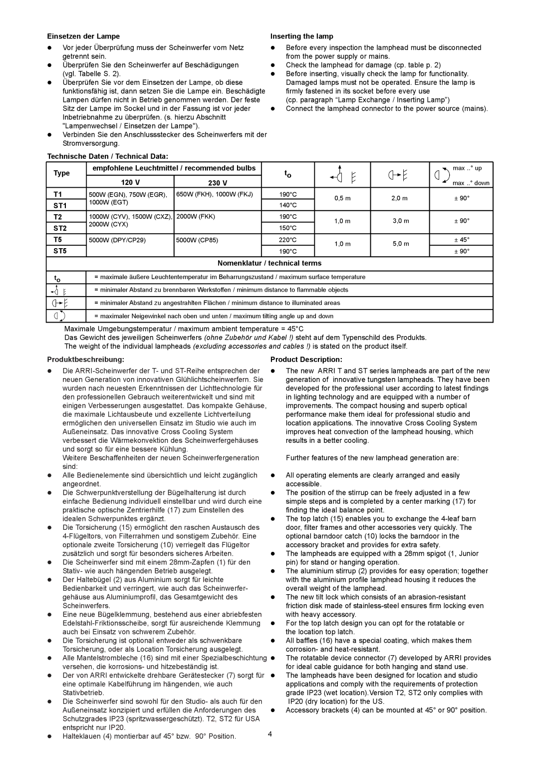 ARRI ARRI T 1 manual Einsetzen der Lampe, Technische Daten / Technical Data, Type 120 230, Nomenklatur / technical terms 