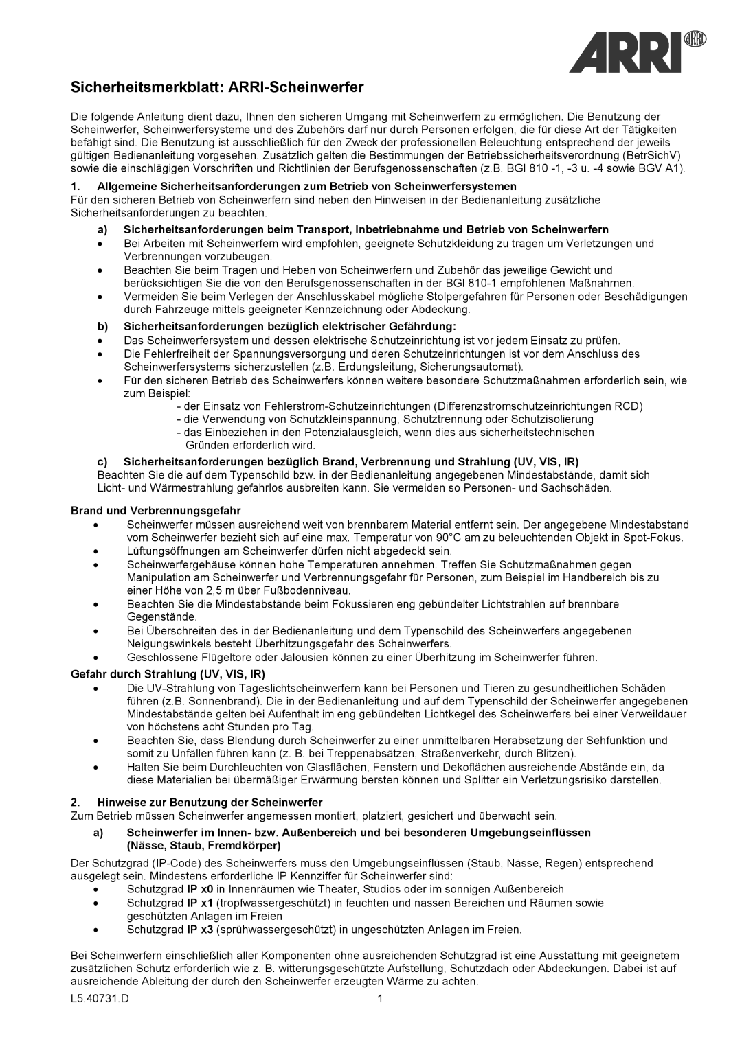 ARRI ARRI ST 2, ARRI ST 1 manual Sicherheitsanforderungen bezüglich elektrischer Gefährdung, Brand und Verbrennungsgefahr 