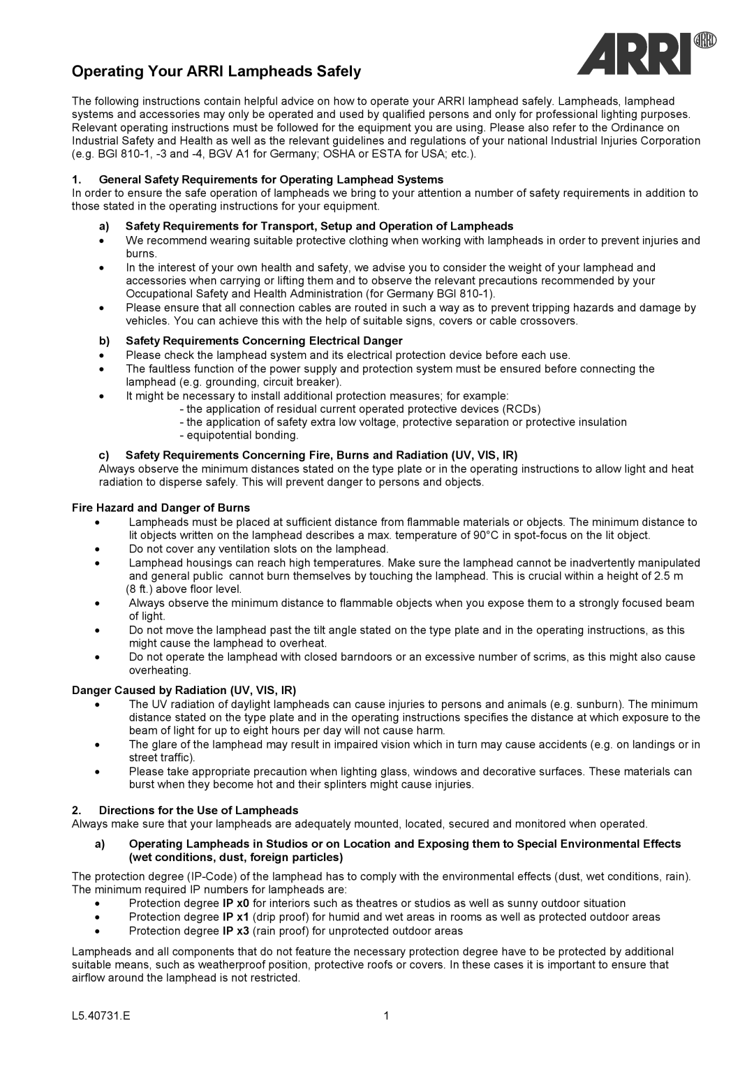 ARRI ARRI T 2 General Safety Requirements for Operating Lamphead Systems, Safety Requirements Concerning Electrical Danger 