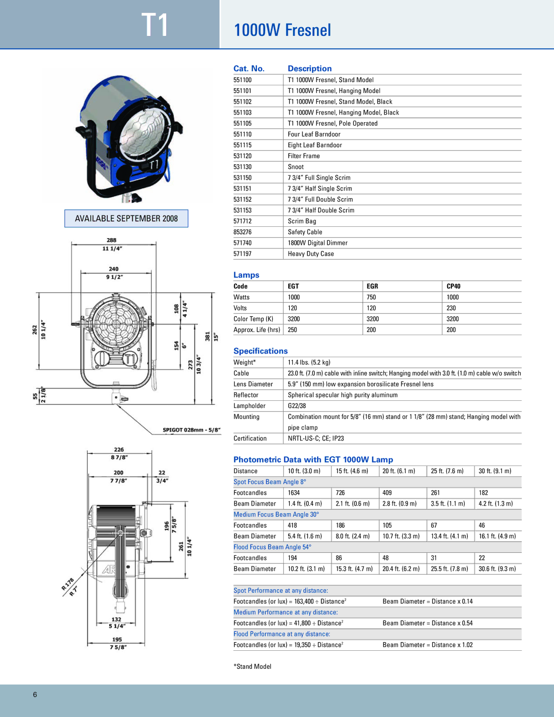 ARRI ARRI TRUE BLUE manual 1000W Fresnel, Cat. No Description, Lamps, Photometric Data with EGT 1000W Lamp 