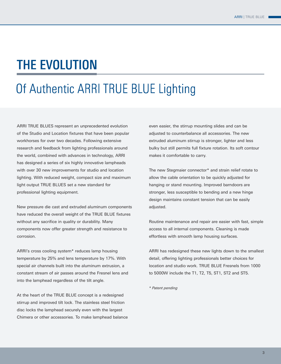 ARRI manual The Evolution, Of Authentic ARRI TRUE BLUE Lighting 