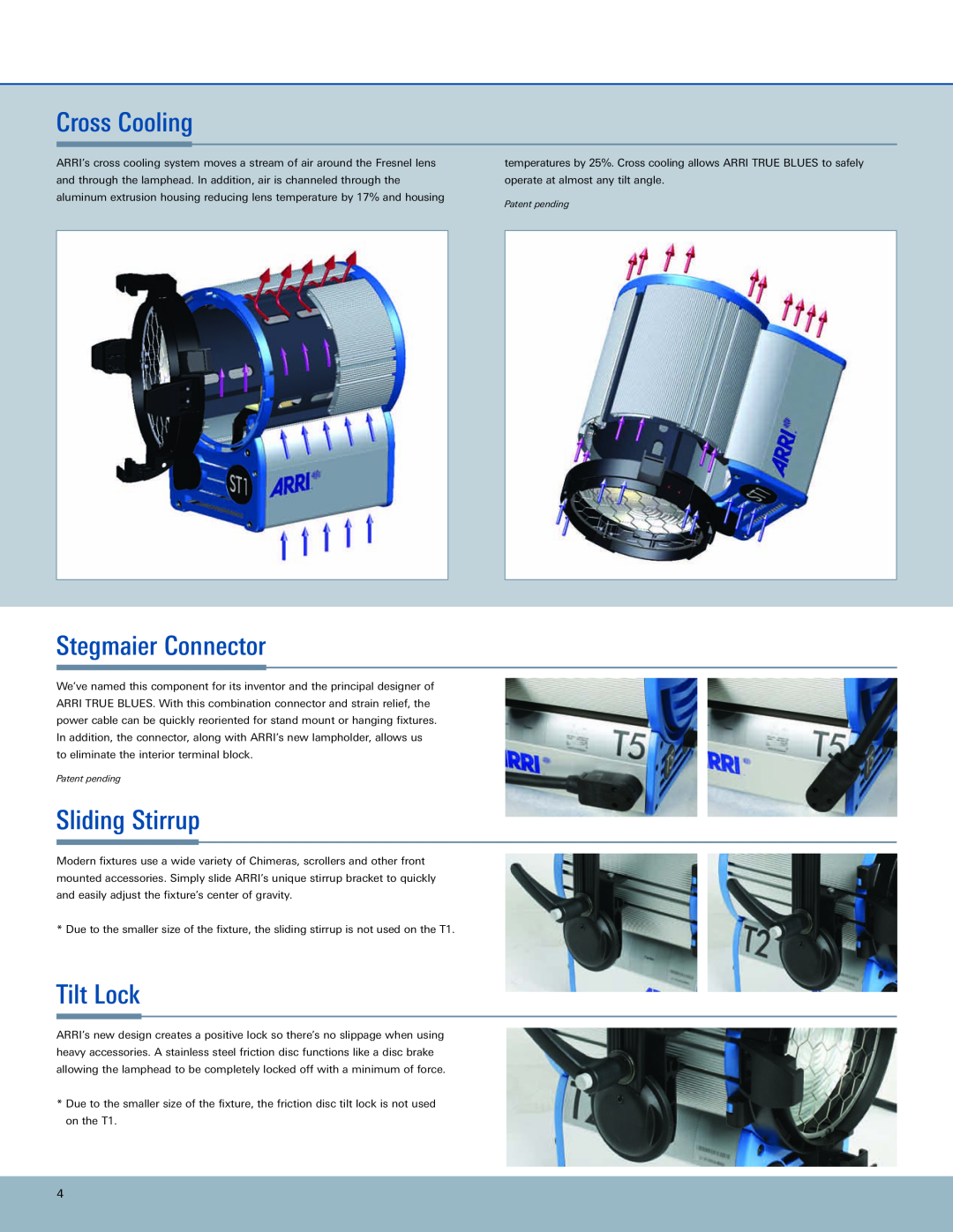 ARRI ARRI TRUE BLUE manual Cross Cooling, Stegmaier Connector, Sliding Stirrup, Tilt Lock 