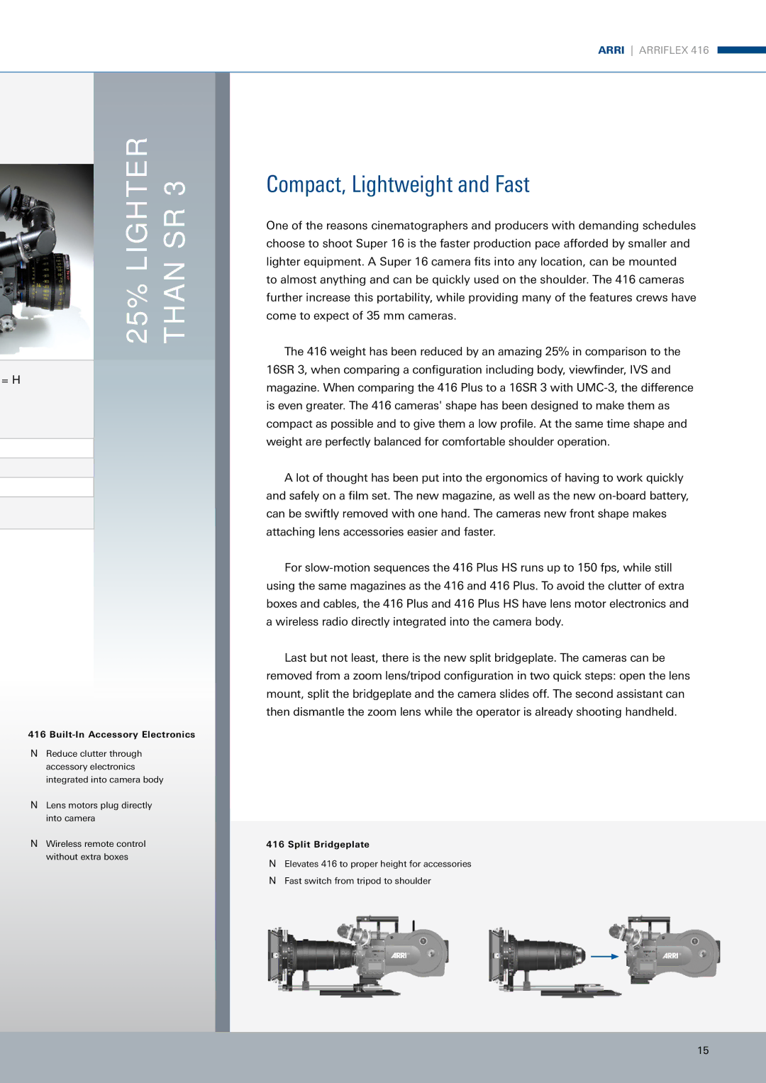 ARRI ARRIFLEX 416 25% Lighter than SR, Compact, Lightweight and Fast, Built-In Accessory Electronics, Split Bridgeplate 