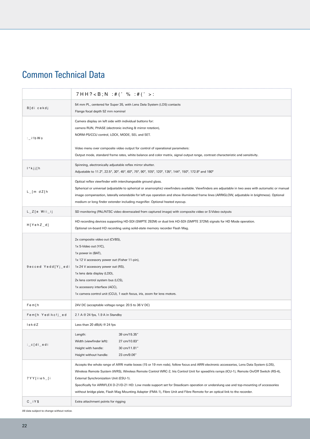 ARRI ARRIFLEX D-21 HD manual Common Technical Data, Arriflex D-21 / D-21 HD 