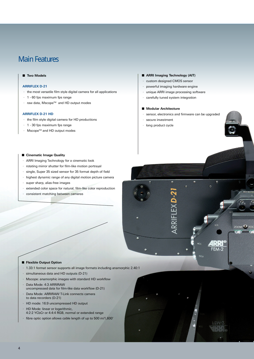 ARRI ARRIFLEX D-21 HD manual Main Features, Arriflex D-21 