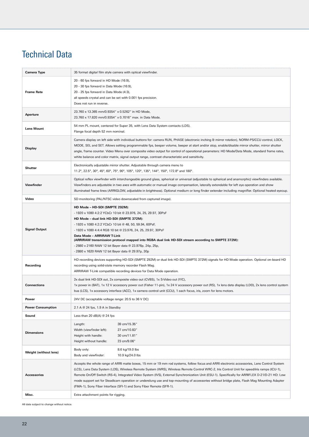 ARRI ARRIFLEX D-21 manual Technical Data, Camera Type 
