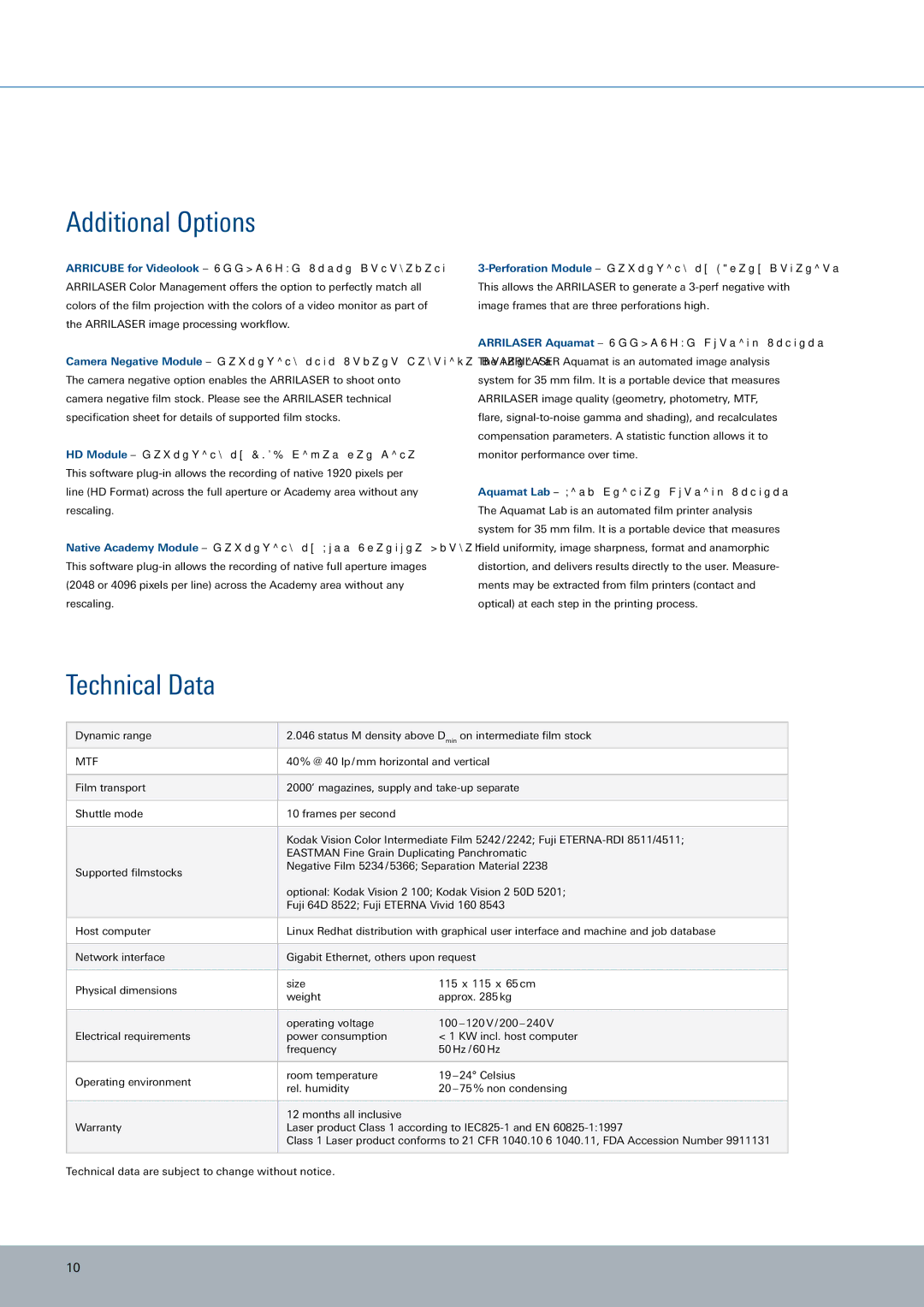 ARRI ARRILASER manual Additional Options, Technical Data 