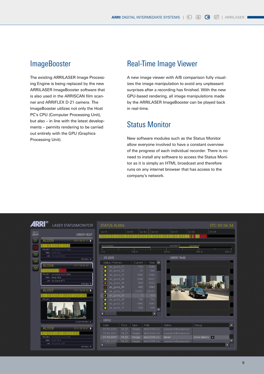 ARRI ARRILASER manual ImageBooster, Real-Time Image Viewer, Status Monitor 