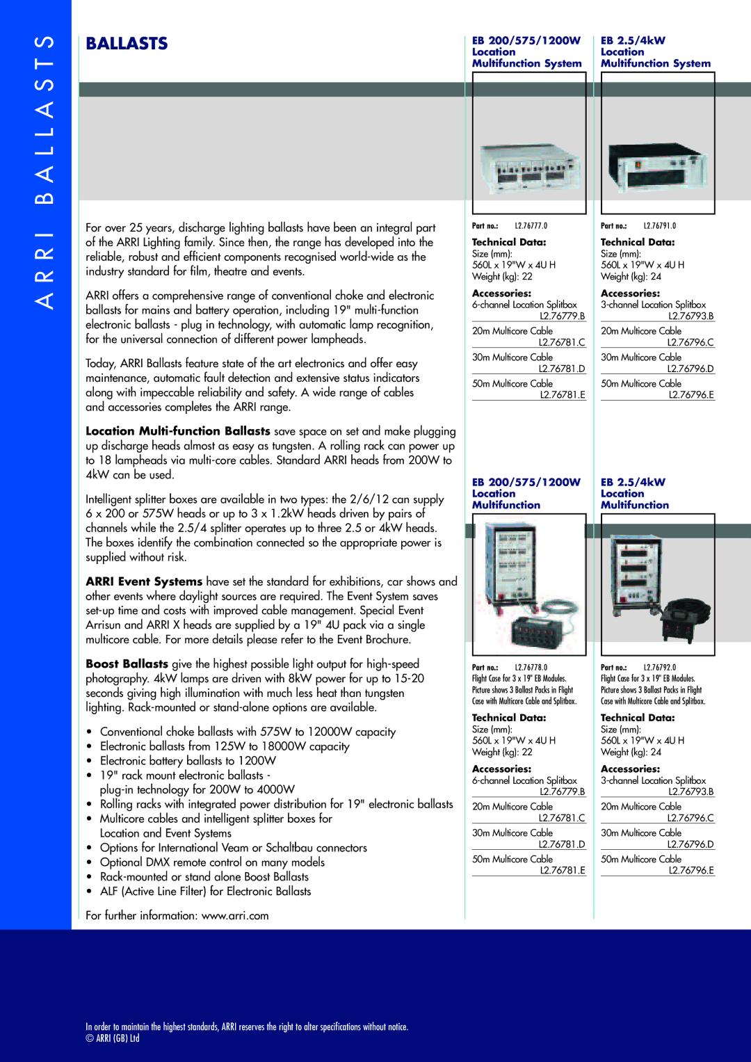 ARRI BALLASTS manual EB 200/575/1200W EB 2.5/4kW Location Multifunction System 