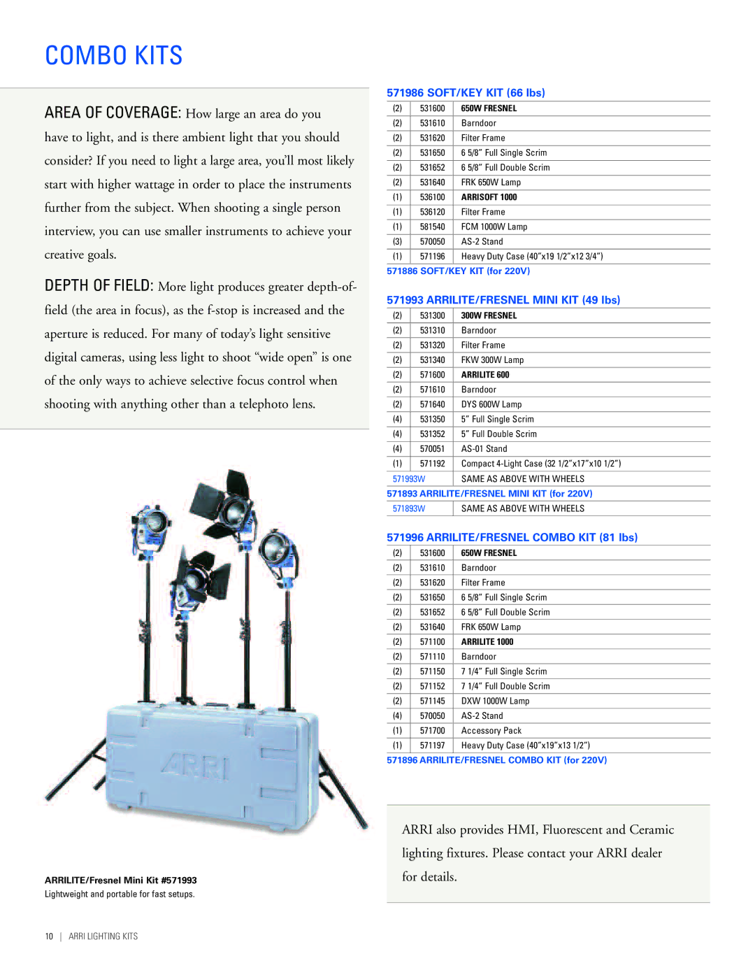 ARRI Lighting Kits Combo Kits, SOFT/KEY KIT 66 lbs, ARRILITE/FRESNEL Mini KIT 49 lbs, ARRILITE/FRESNEL Combo KIT 81 lbs 