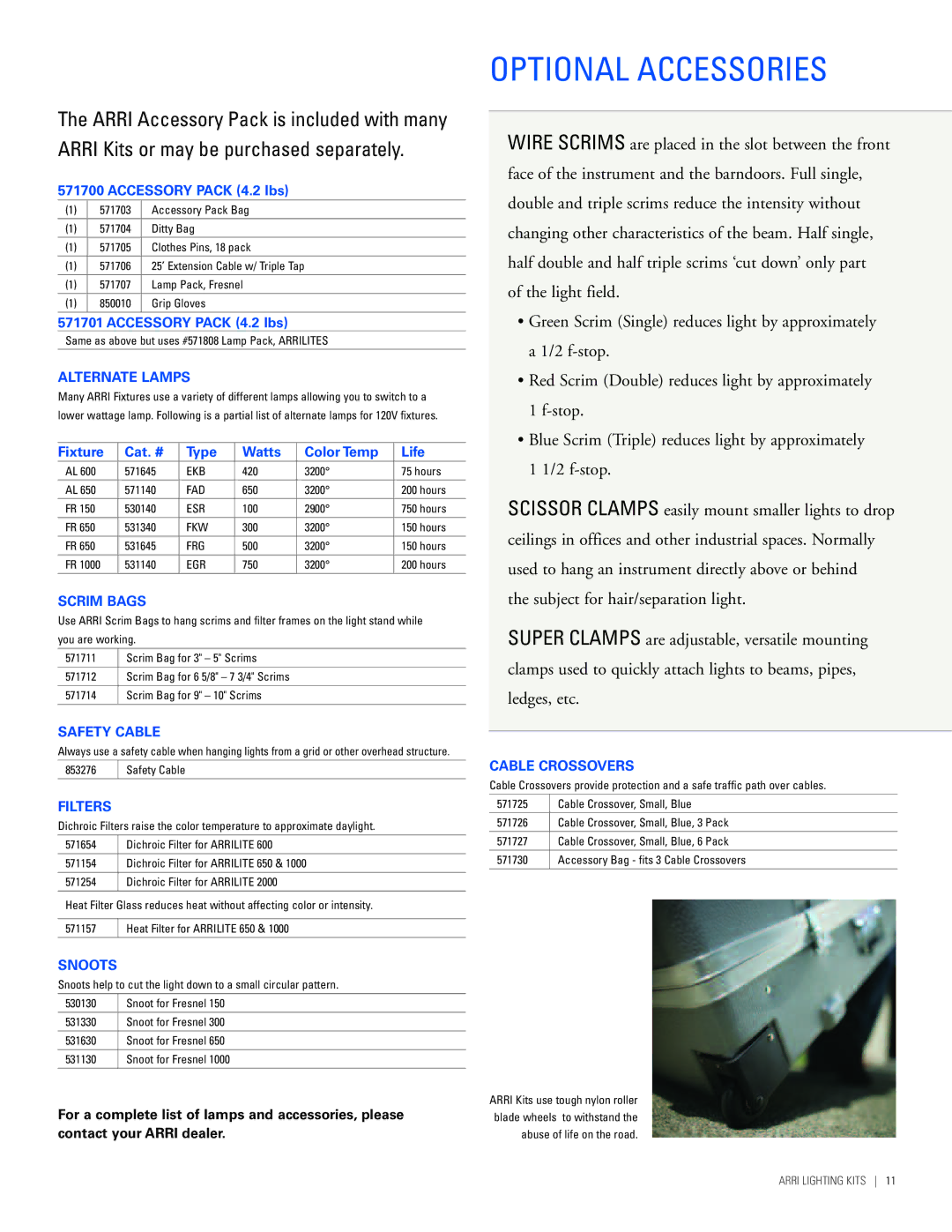 ARRI Lighting Kits manual Optional Accessories, Accessory Pack 4.2 lbs, Fixture Cat. # Type Watts Color Temp Life 