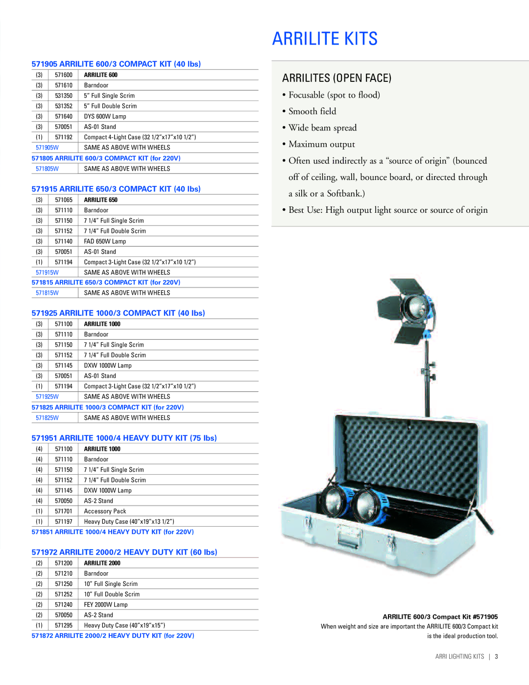 ARRI Lighting Kits manual Arrilite Kits, Arrilites Open Face 