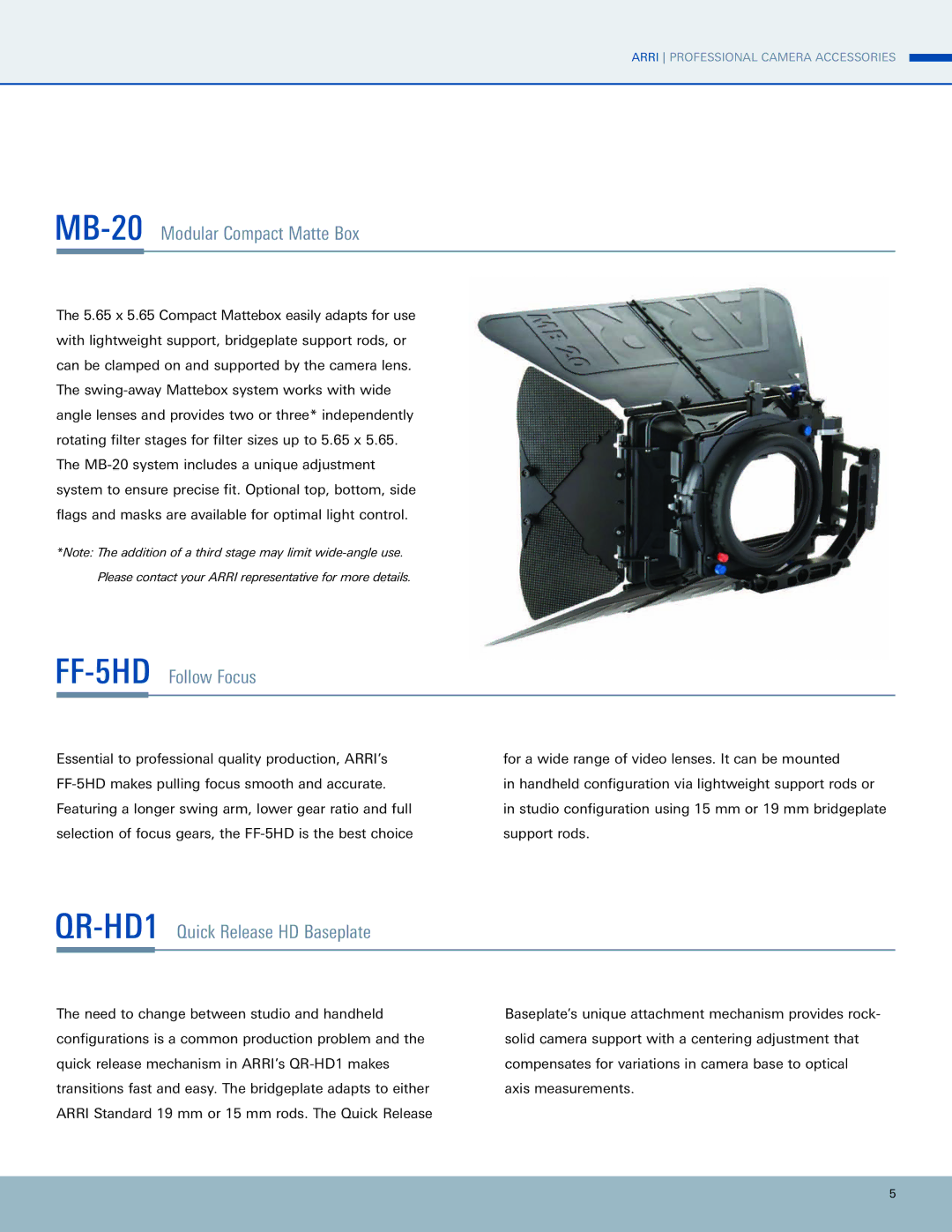 ARRI manual MB-20Modular Compact Matte Box, FF-5HDFollow Focus, QR-HD1Quick Release HD Baseplate 