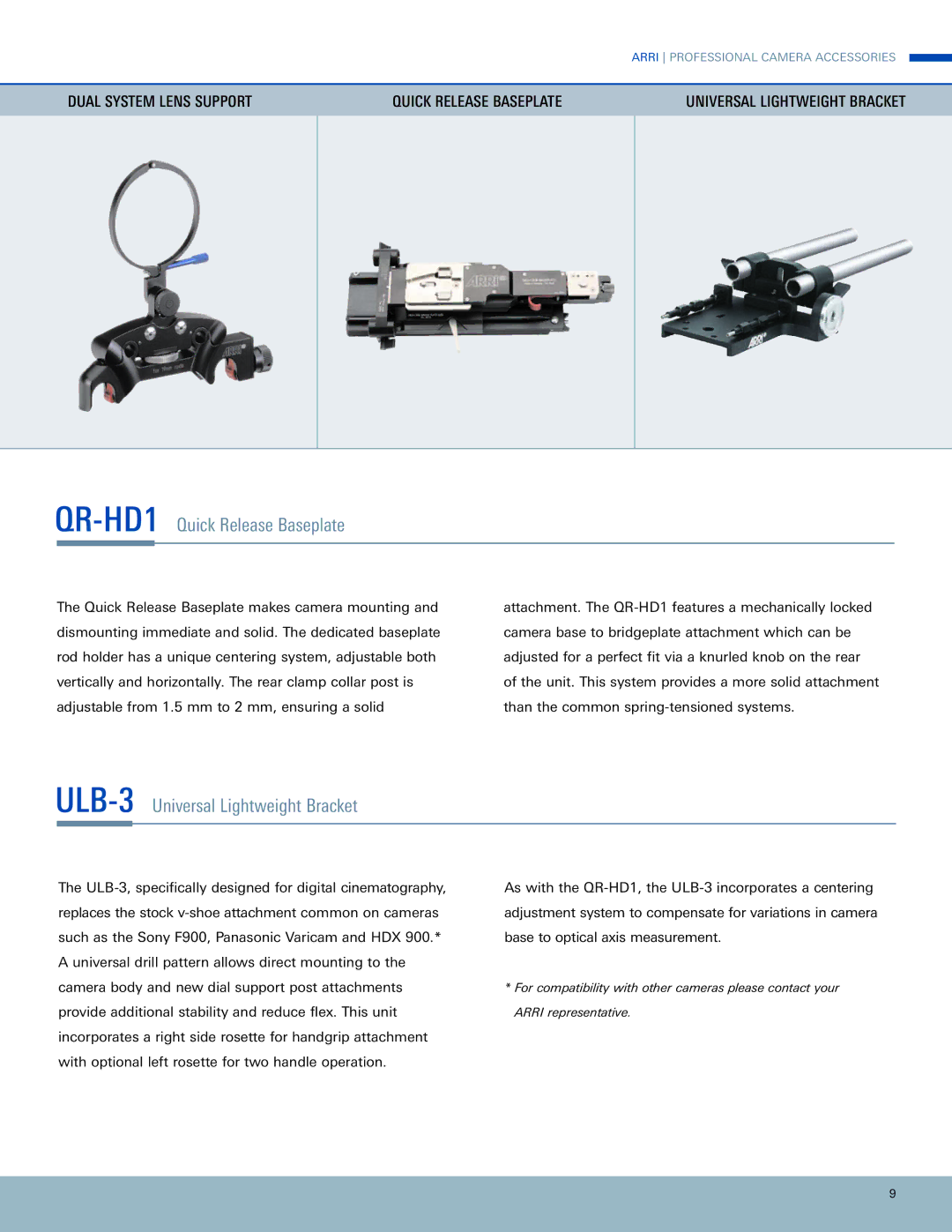 ARRI MB-20 manual QR-HD1Quick Release Baseplate, ULB-3Universal Lightweight Bracket 