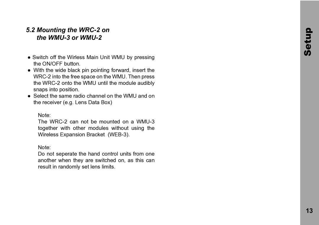 ARRI instruction manual Mounting the WRC-2 on the WMU-3 or WMU-2 