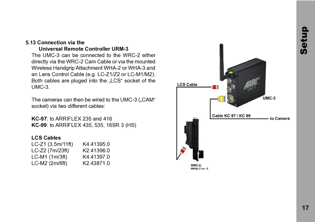 ARRI WRC-2 instruction manual Connection via Universal Remote Controller URM-3, LCS Cables 