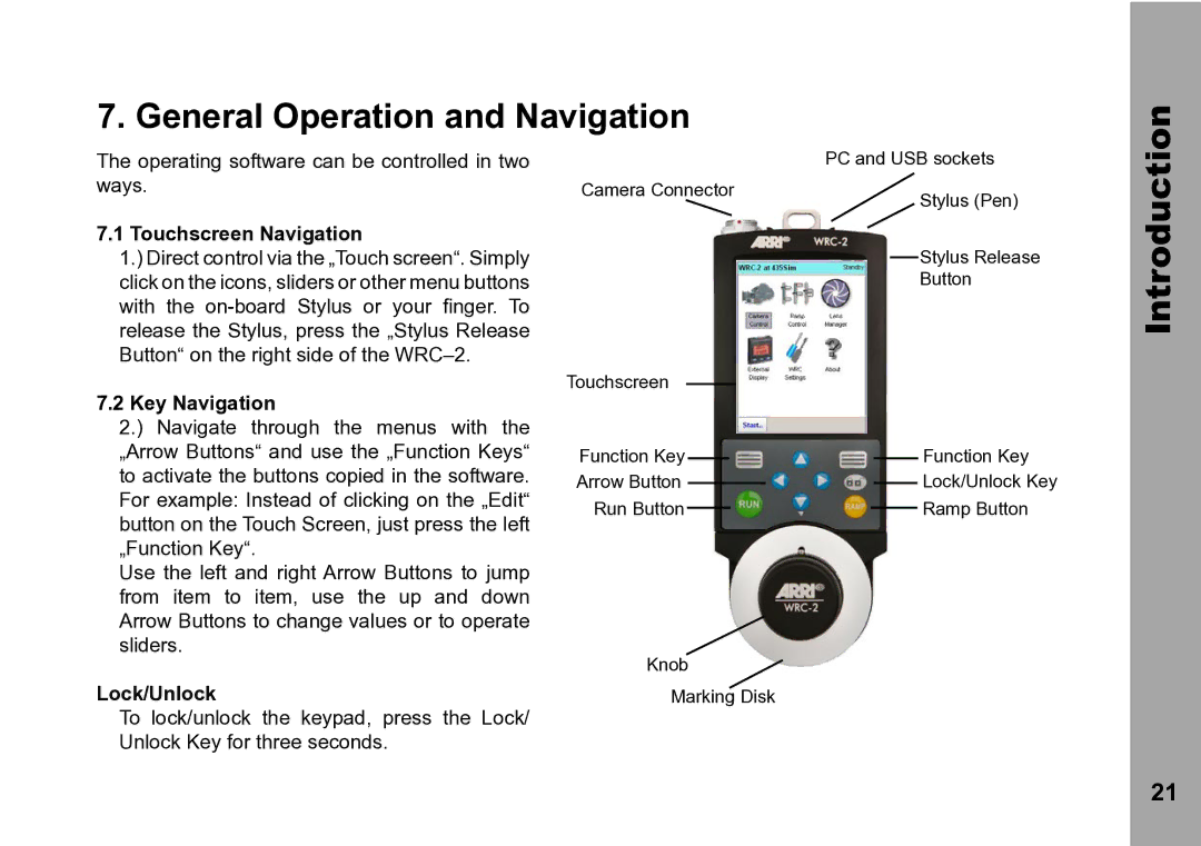 ARRI WRC-2 instruction manual General Operation and Navigation, Touchscreen Navigation, Key Navigation, Lock/Unlock 