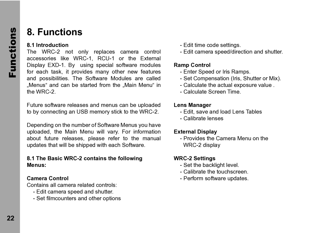 ARRI WRC-2 instruction manual Functions 