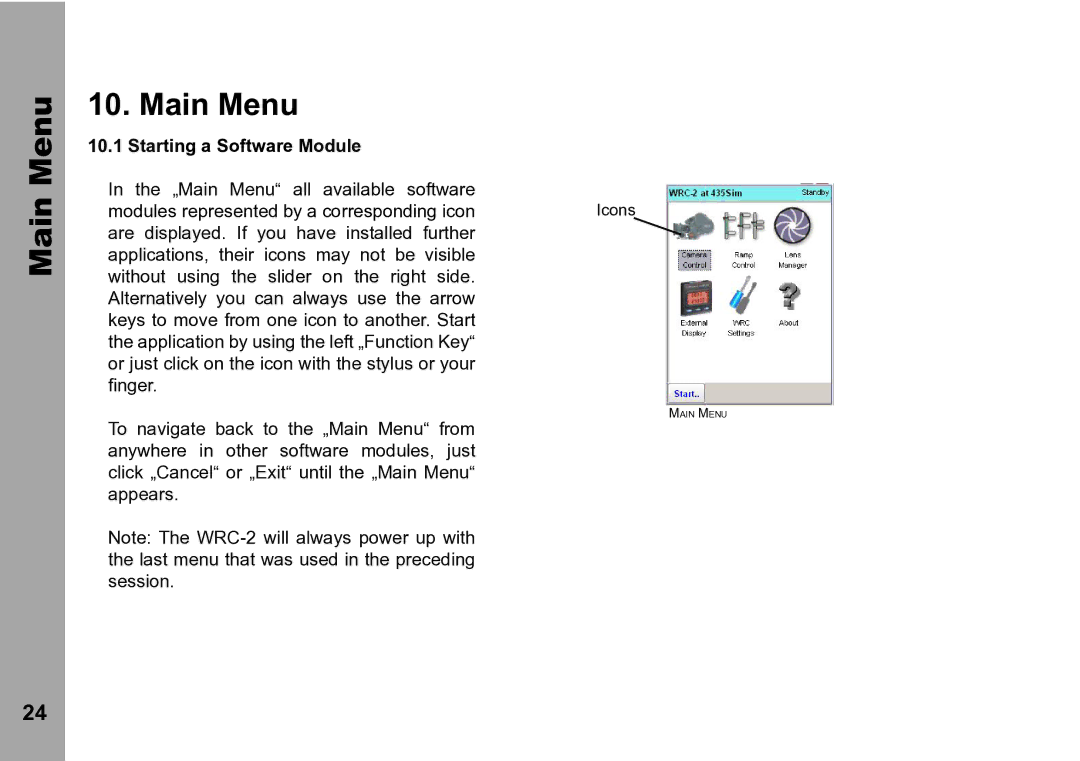 ARRI WRC-2 instruction manual Main Menu, Starting a Software Module 