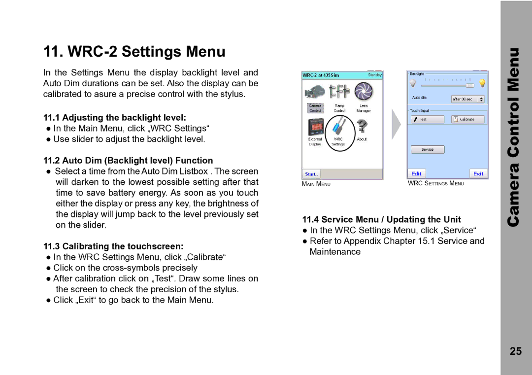 ARRI instruction manual WRC-2 Settings Menu, Camera Control Menu 